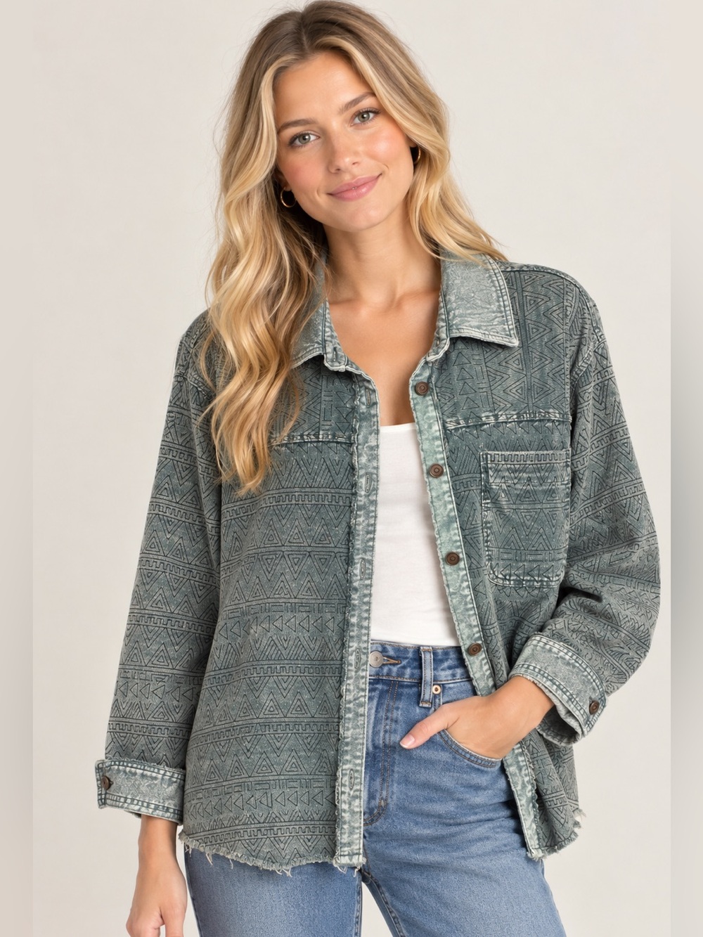 LA MIEL Bohemian Aztec Washed Green Corduroy Patterned Shirt Jacket Size Large